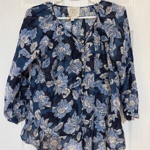 Johnny Was Navy Floral Button-Front Blouse with Light Blue and Cream Blooms